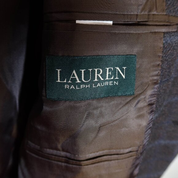 LAUREN RALPH LAUREN 100% Wool Plaid 2 Button Blazer 44R Charcoal Blue Preppy - Picture 10 of 11